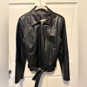 Olly London smooth collared zip up black leather tie jacket coat women m medium